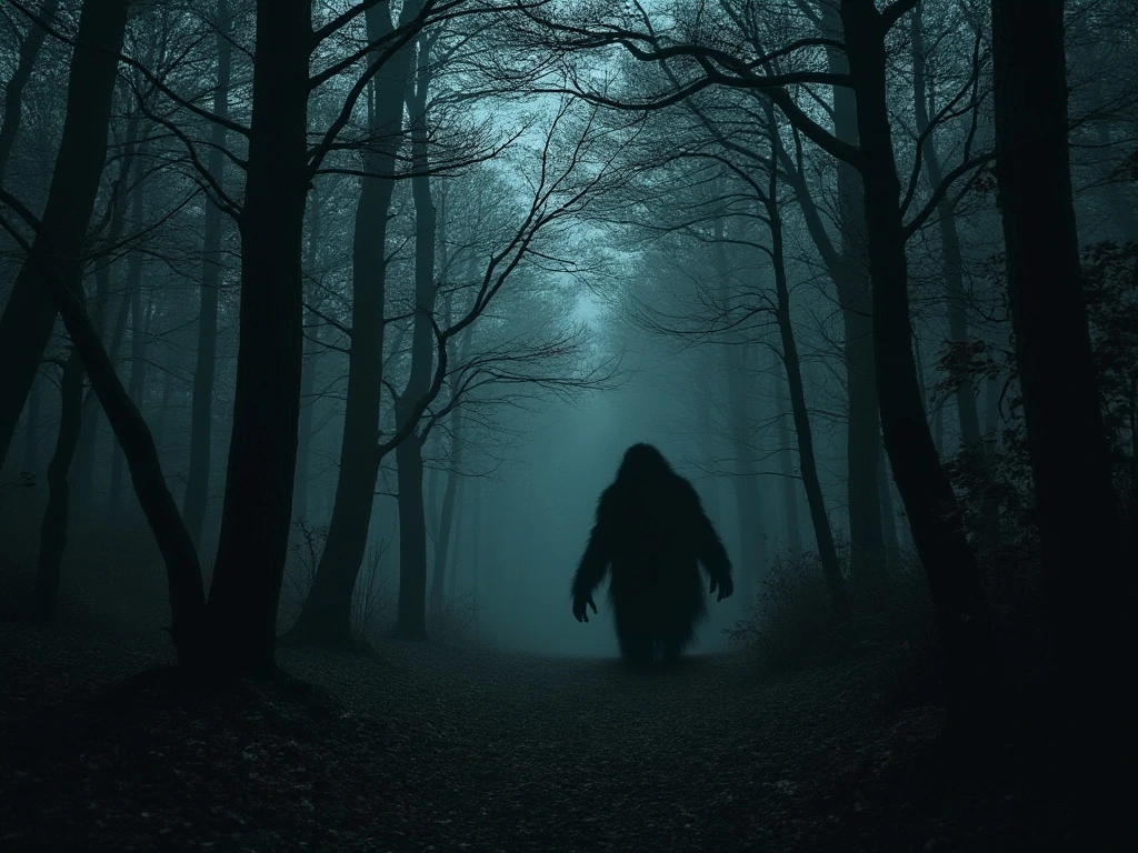 A cryptid can be see walking through a dark forest.