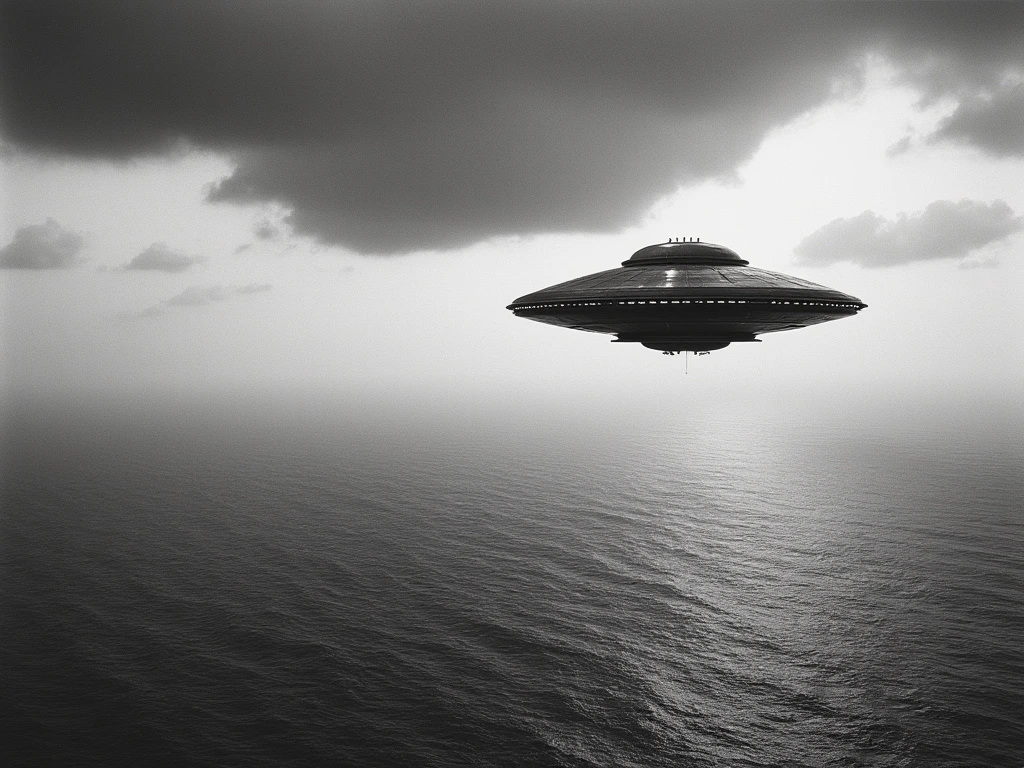 An Example of Paranormal Phenomena. A Ufo flies over the ocean.