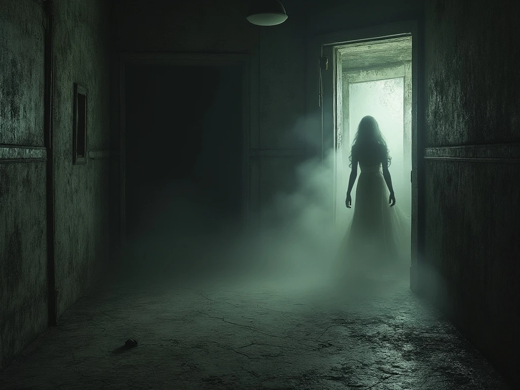 A ghost figure appears in an old mansion.