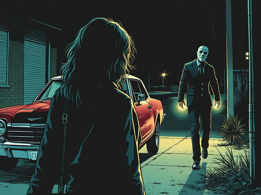 A woman tries to get in her car and a masked man is approaching. 