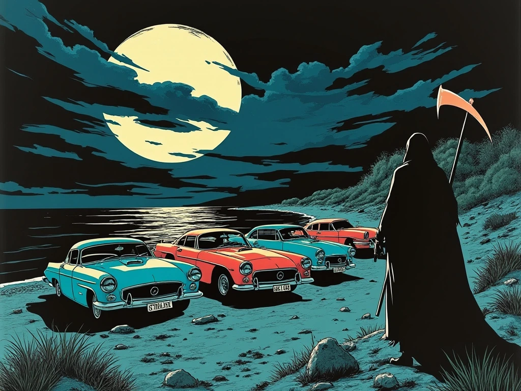 Classic scene from any number of urban legends. A beach filled with unsuspecting cars of teens. An ominous man approaches silently bringing danger. 